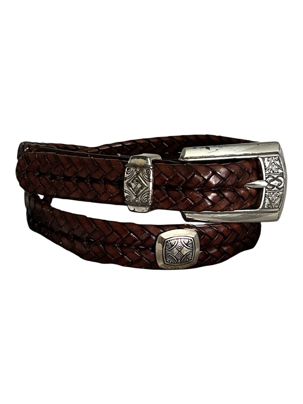 Brighton Braided Brown Leather Belt with Decorative Silver Hardware. Size M/L